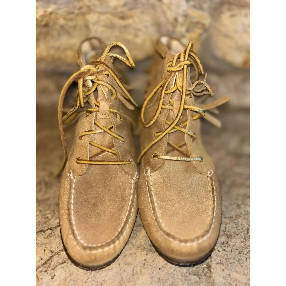 SPERRY Gold Sheen Suede Tiered Studded Fringe Ankle Lace Up Moccasins Shoes 8.5 - Picture 4 of 8